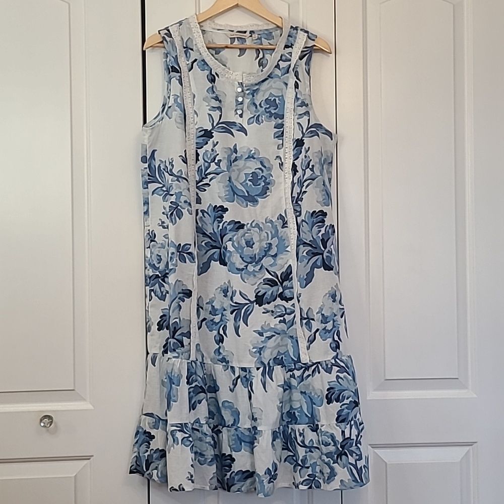 Soft Surroundings 100% Cotton Sleeveless Blue & White Floral Midi Dress Size L